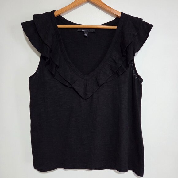 EUC WHITE HOUSE BLACK MARKET BLACK DEEP V NECK RUFFLED TOP SIZE LARGE - Picture 1 of 11